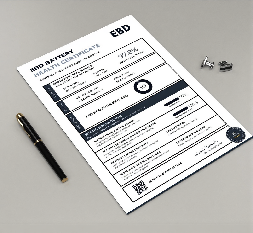 EBD Full Battery Health Certificate on desk with pen